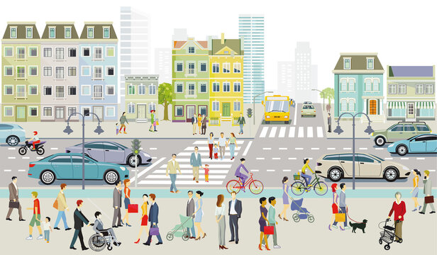 Stadtsilhouette mit Fußgänger auf dem Zebrastreifen und öffentlicher verkehr und Menschen auf dem Bürgersteig, Illustration