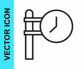 Black line Train station clock icon isolated on white background. Vector