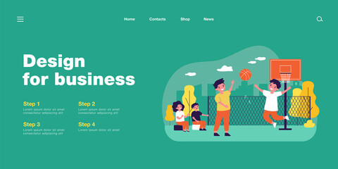 Happy children playing basketball outdoors. Ball, street, player flat vector illustration. Entertainment and sport game concept for banner, website design or landing web page