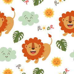 Lion roaring seamless pattern. Cute animal background. Perfect for fabric nursery pattern, wallpaper, backdrop, wrapping pattern.