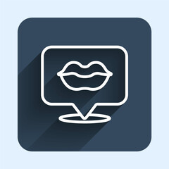 White line Smiling lips icon isolated with long shadow background. Smile symbol. Blue square button. Vector