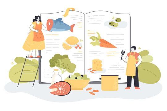Male cook and female chef standing in kitchen near restaurant culinary book. Couple choosing recipe out of healthy menu including vegan dishes flat vector illustration. Food, diet, nutrition concept
