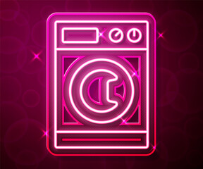 Glowing neon line Washer icon isolated on red background. Washing machine icon. Clothes washer - laundry machine. Home appliance symbol. Vector