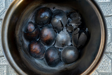 burned eggs in a pot after boiling eggs - mistake cooking.
 burn down eggs.