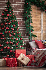 Christmas bedroom interior with red-green colors with a Christmas tree.