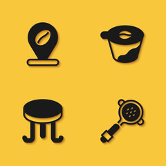 Set Location with coffee bean, Coffee filter holder, table and Pour over maker icon with long shadow. Vector