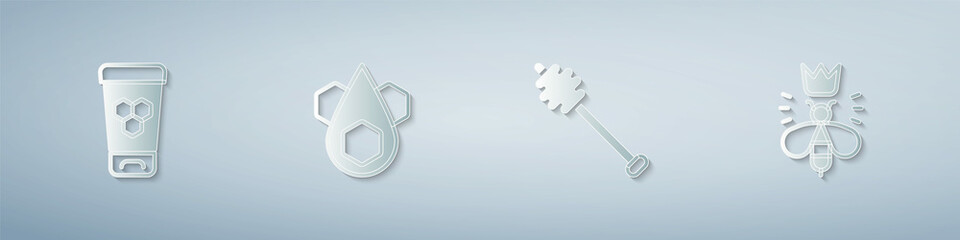 Set Cosmetic tube with honey, Honeycomb, dipper stick and Queen bee. Paper art style. Vector