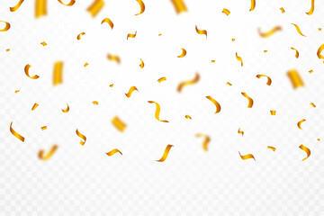 Golden confetti falling background. Realistic golden ribbon and confetti vector illustration. Golden confetti isolated on transparent background. Festival elements. Birthday party celebration.