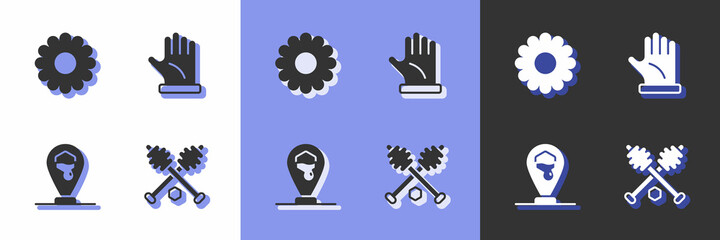 Set Honey dipper stick, Flower, Honeycomb bee location and Beekeeper glove icon. Vector