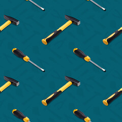 Set of hand tools on a bright background, seamless pattern.