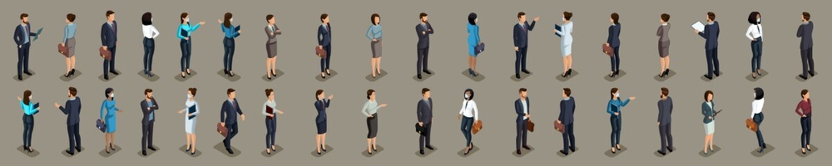 Large isometric set of 3D businessmen. Businessmen and business lady, front and back view. Masked characters during the pandemic