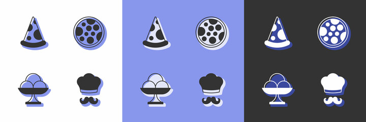 Set Italian cook, Slice of pizza, Ice cream in the bowl and Pizza icon. Vector