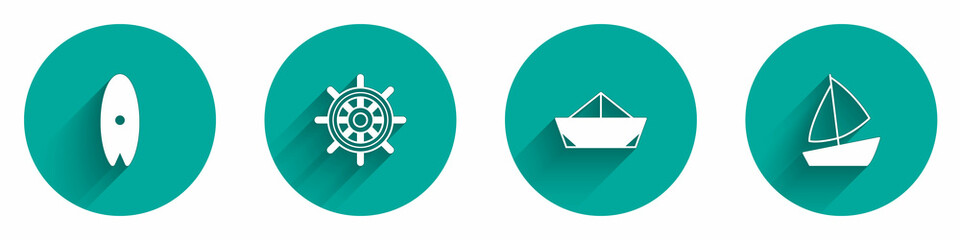 Set Surfboard, Ship steering wheel, Folded paper boat and Yacht sailboat icon with long shadow. Vector