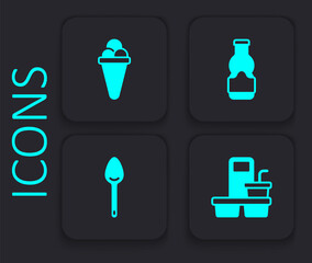 Set Coffee cup to go, Ice cream in waffle, Sauce bottle and Spoon icon. Black square button. Vector