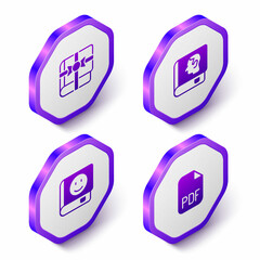 Set Isometric Book as a gift, Law book, and PDF file document icon. Purple hexagon button. Vector