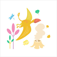 Cute dinosaur hand drawn vector color character. Sketch prehistoric animal. Jurassic pterodactyl isolated Scandinavian cartoon kids illustration. 