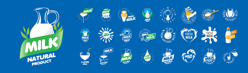 A set of vector Milk logos on a blue background - 470408116