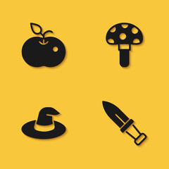 Set Poison apple, Dagger, Witch hat and Psilocybin mushroom icon with long shadow. Vector