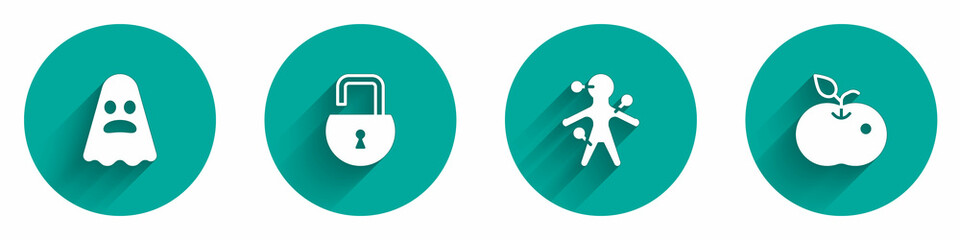Set Ghost, Open padlock, Voodoo doll and Poison apple icon with long shadow. Vector