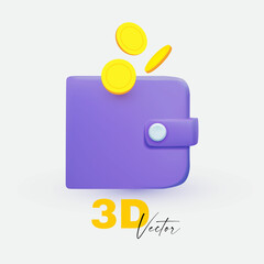 3D minimal wallet icon. Saving money concept. Violet purse isolated on white