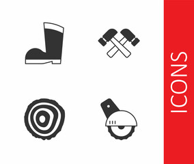 Set Electric circular saw, Waterproof rubber boot, Tree rings and Crossed hammer icon. Vector