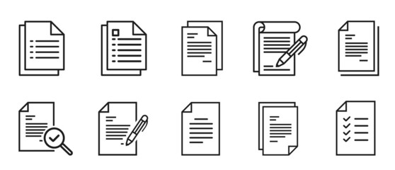 Paper documents icons. File icon. Folded written paper. Line icon.