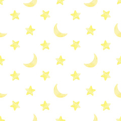 Watercolor seamless pattern . Children's illustration. Cute moon and stars. Ideal for textiles, wallpaper, design, packaging.