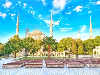 Travel to Turkey concept. Summer square in front of the Sultan Ahmed Blue Mosque in Istanbul