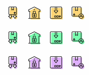 Set line Carton cardboard box, Cardboard with traffic symbol, Closed warehouse and icon. Vector