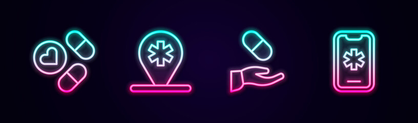Set line Medicine pill or tablet, Location hospital, Medical prescription and Emergency call 911. Glowing neon icon. Vector