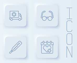 Set line Ambulance car, Glasses, Medical thermometer and Doctor appointment. White square button. Vector