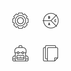 Set line File document, School backpack, Gear and Pie chart infographic icon. Vector