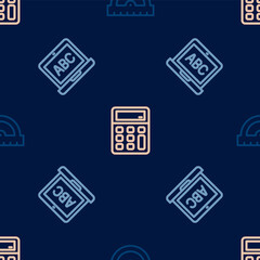Set line Protractor grid, Laptop and Calculator on seamless pattern. Vector