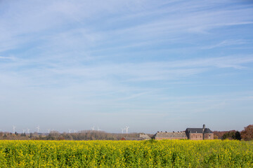 abbey of argenton in belgian ardennes near namur under blue sky behind mustard seed field