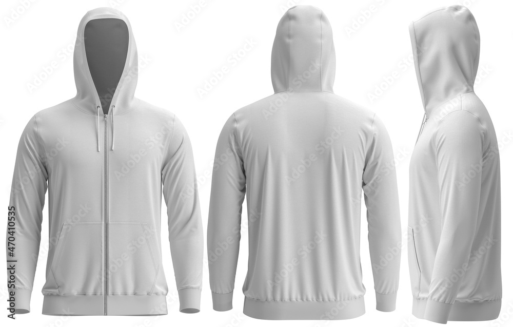 Wall mural Hoodies, UP, White, 3D render Full Zipper Blank male hoodie sweatshirt long sleeve, men's 