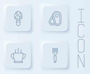 Set line Fly agaric mushroom, Steak meat, Bowl of hot soup and Fork. White square button. Vector