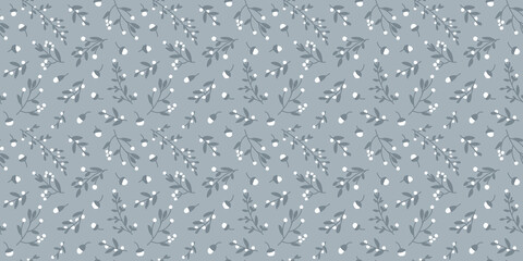 Seamless doodle botanicals pattern in winter color palette of pale dusty blue and white. All over floral repeat print.  - 470410968
