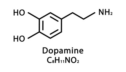 Dopamine molecular structure. Dopamine skeletal chemical formula. Chemical molecular formula vector illustration