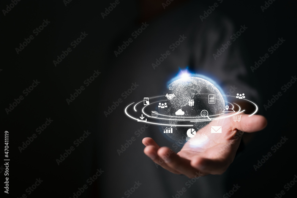 Poster Business intelligence and big data analytics are two concepts that are often used together. Global business concept of a world map point and line composition. Technology for creating digital links.
