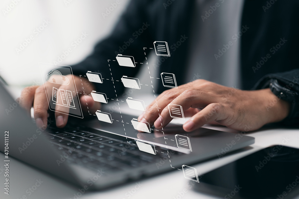Aufkleber System for Document Management (DMS). Software that automates the archiving and management of data files. Concept of Internet Technology.
