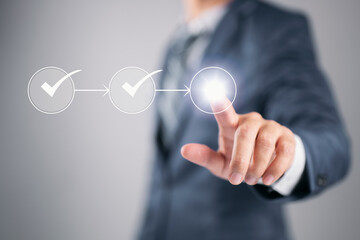 Flowchart with a businessman in the background highlighting a business process workflow and...