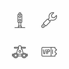 Set line Train ticket, Handcar transportation, traffic light and Wrench spanner icon. Vector
