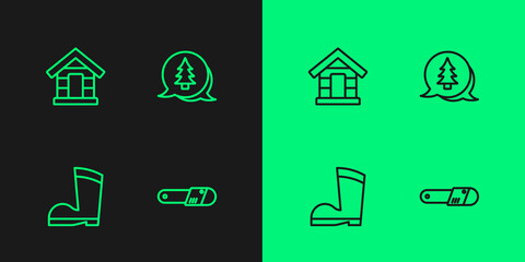 Set line Chainsaw, Waterproof rubber boot, Dog house and Tree icon. Vector