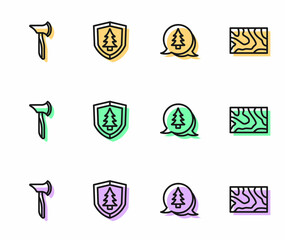 Set line Tree, Wooden axe, Shield with tree and beam icon. Vector