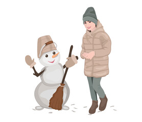 girl and snowman vector. snowman waving his hand.girl in winter clothes vector. full length little girl. vector illustration. eps