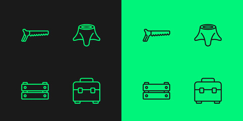 Set line Toolbox, Wooden, Hand saw and Tree stump icon. Vector
