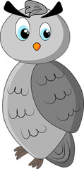 Grey owl vector, owl cartoon character, wild bird