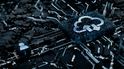 Data storage Technology Concept with cloud symbol on a Microchip. White Neon Data flows between the CPU and the User across a Futuristic Motherboard. 3D render.