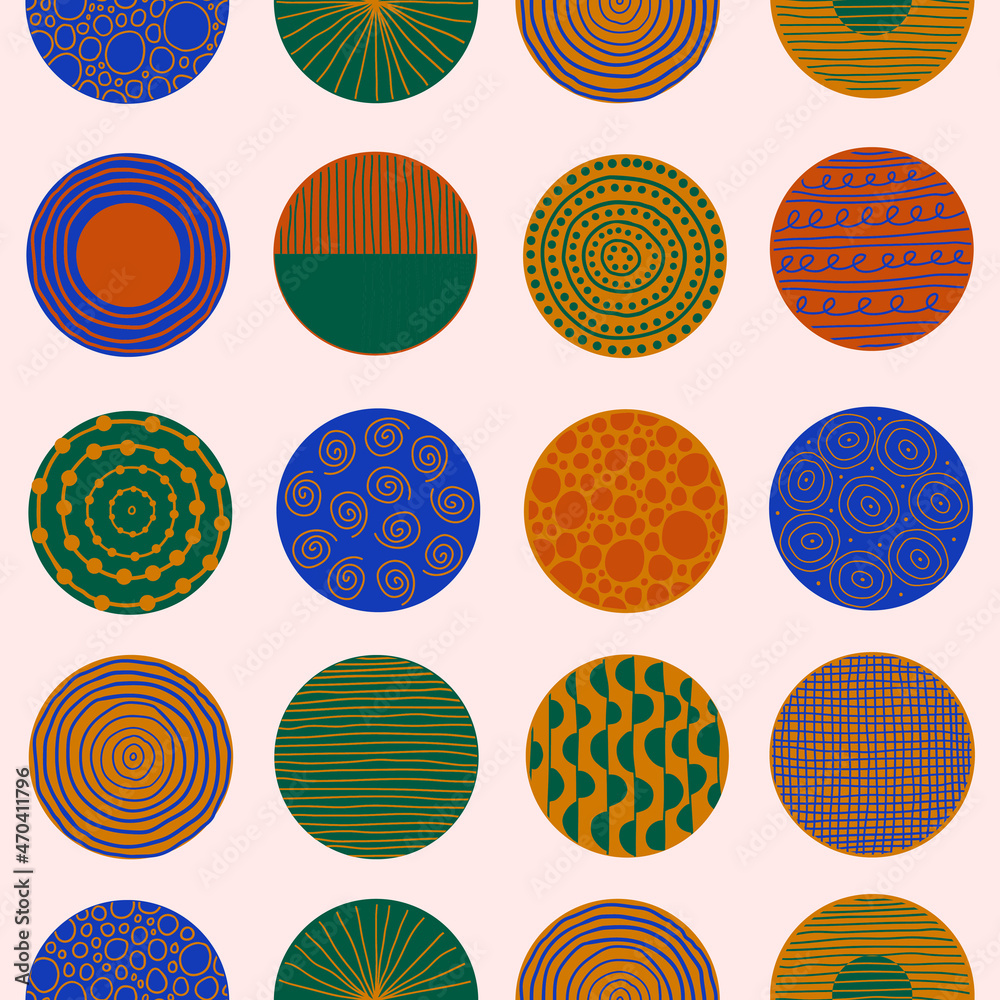Poster modern abstract seamless pattern with colorful round shapes of lines, circles, drops on pastel backg