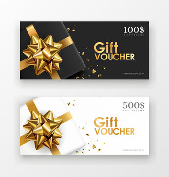 Gift vouchers gift box golden ribbon, black and white paper concept design collections background, EPS 10 vector illustration
